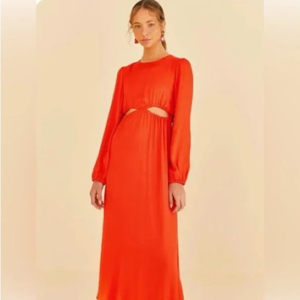 Farm Rio Dresses | Farm Rio satin orange red maxi dress with cutouts